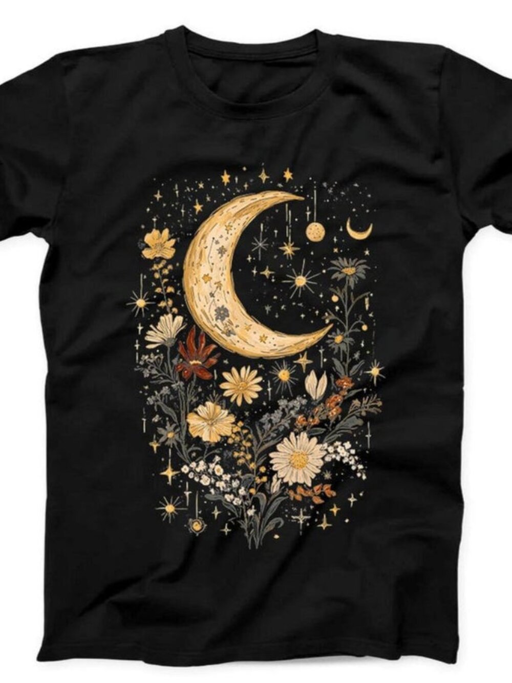 Celestial Moon Boho Flowers Best Seller Funny Gift Black Tee